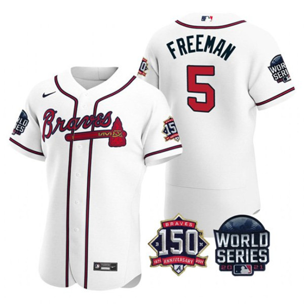 Men's Atlanta Braves #5 Freddie Freeman 2021 White World Series With 150th Anniversary Patch Stitched Baseball Jersey Men's Atlanta Braves #5 Freddie Freeman 2021 White World Series With 150th Anniversary Patch Stitched Baseball Jersey